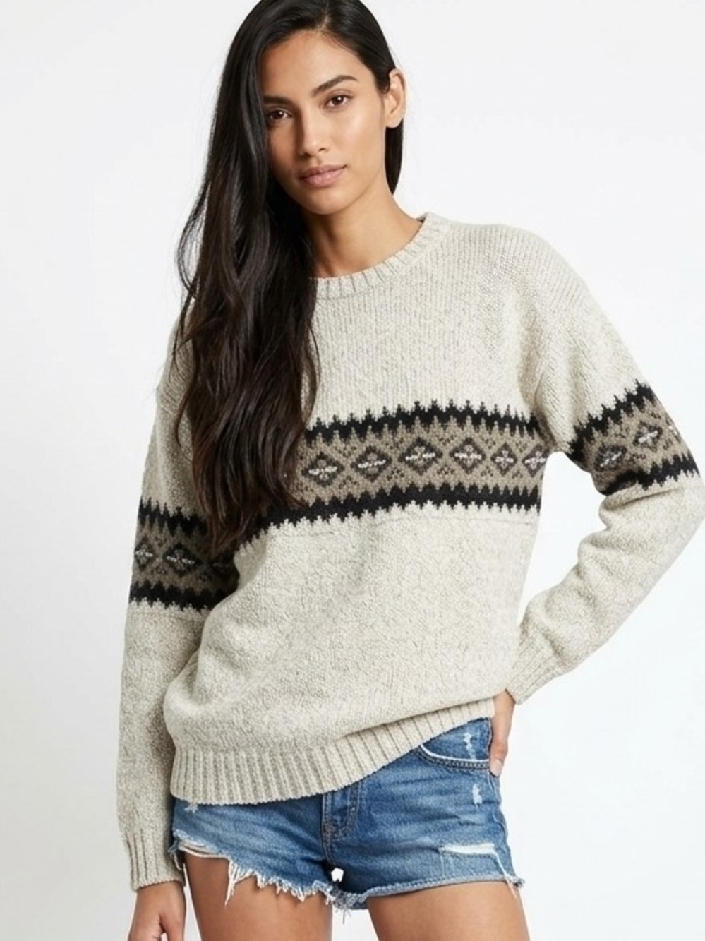 Vintage Abstract Geometric Fair Isle Crewneck Sweater In Cream/Black
